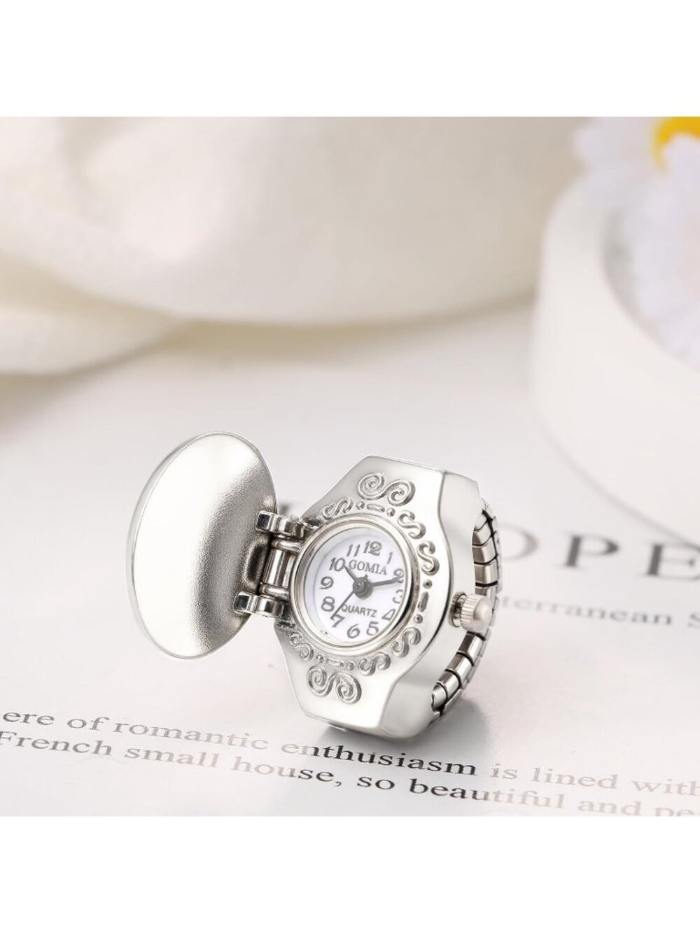 Unisex Pink Analog Quartz Flip Cover Stainless Steel Stretchy Finger Ring Watch - Picture 2 of 7